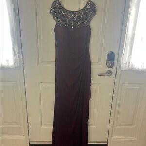 Xscape Burgundy Maxi Dress with Sequin Beaded Neckline